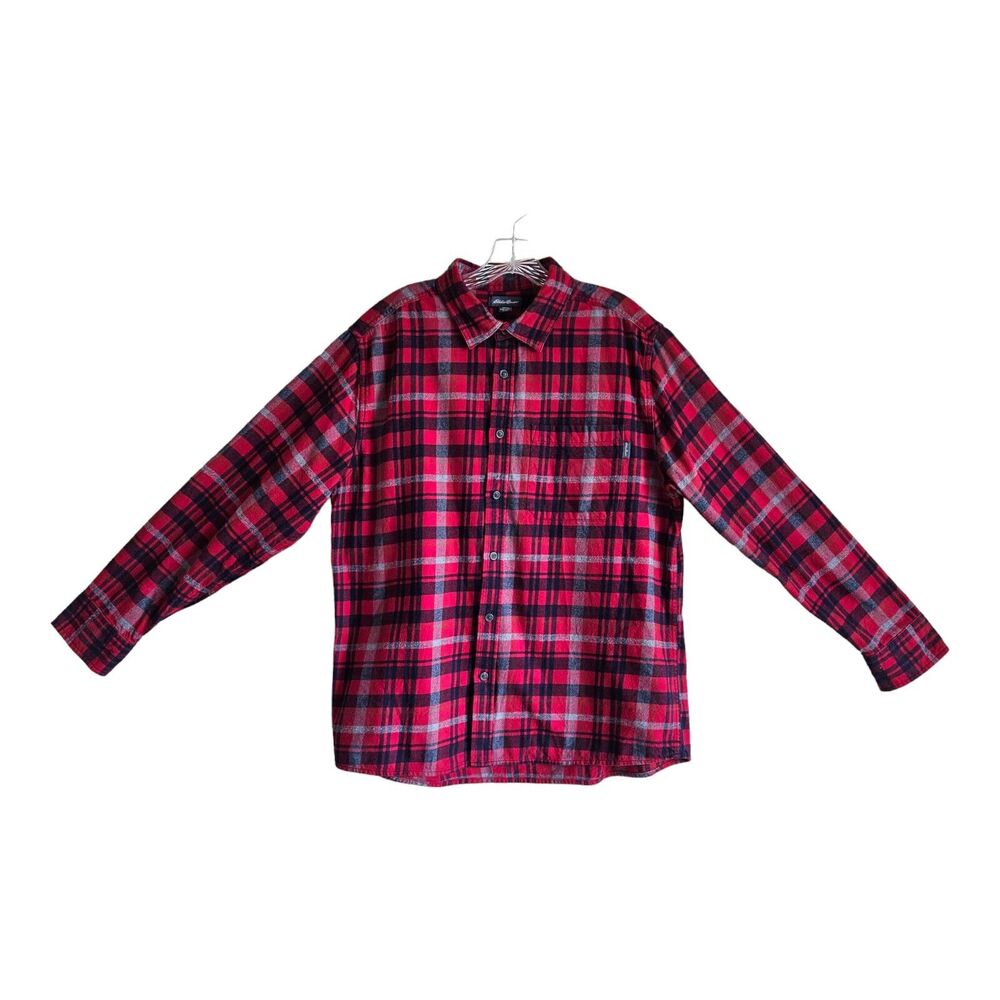 EDDIE BAUER Men's XL Flannel Shirt Button Up Plaid Red Blue Classic Chest 44"